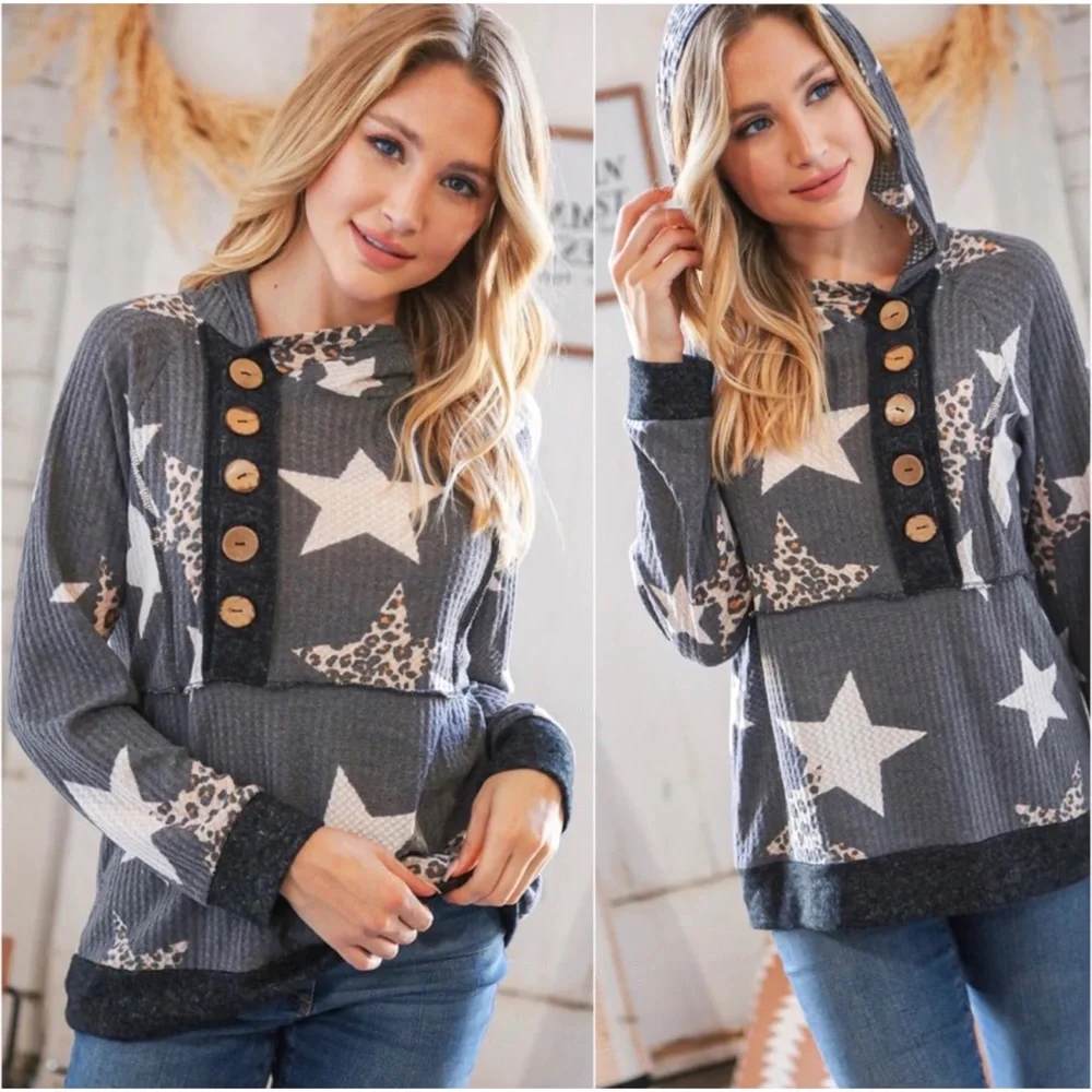 1 LEFT! Charcoal Waffle Knit Star Leopard Print Button Detail Hoodie Top - Picture 3 of 3